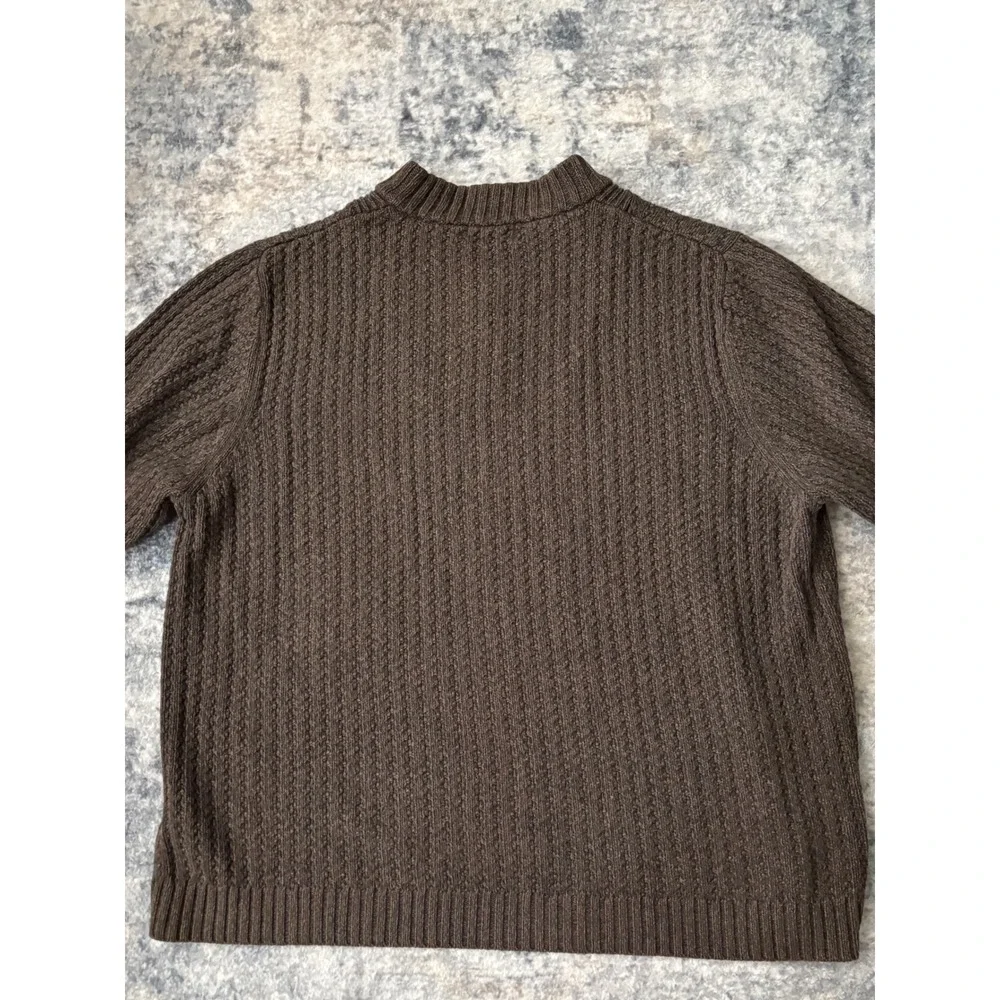 Vtg Eddie Bauer Fisherman Henley Sweater‎ Mens L Brown Chunky Cable Knit Cotton